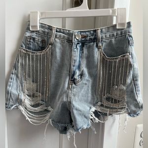 Buckle rhinestone fringe shorts